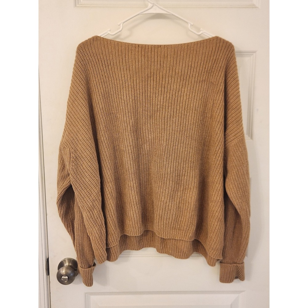 French Connection Camel Tan Oversized Ribbed Knit Boat Neck Sweater Medium